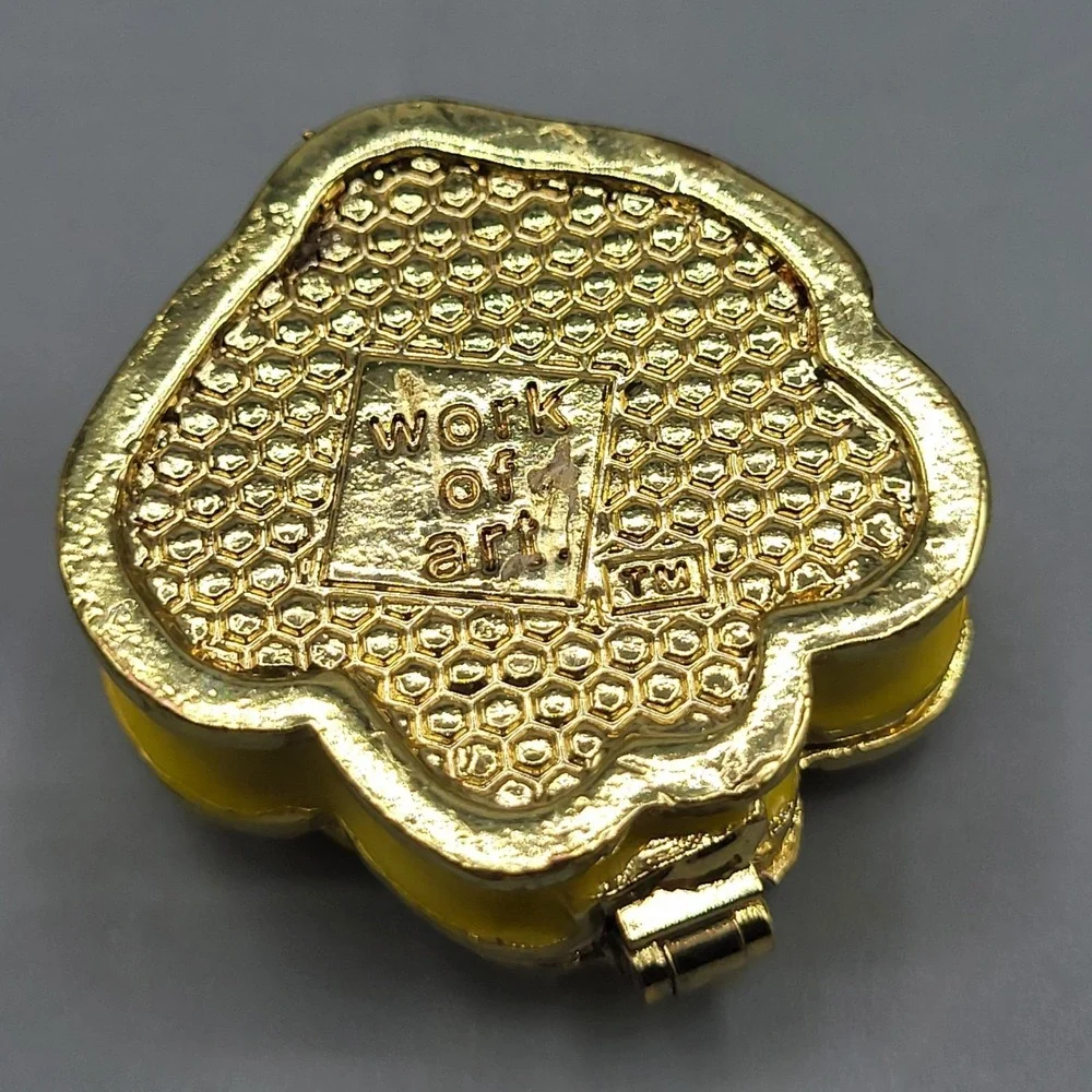 Work of Art Mini Trinket Pill Box Enamel Rose Rhinestone Yellow Shelf Decor